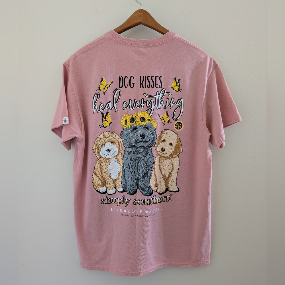 SIMPLY SOUTHERN Dog Kisses Heal Everything T Shirt Women's L Cockapoo Dusty Rose - Picture 2 of 12